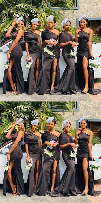 Sexy Black Off Shoulder Side Slit Simple Cheap Mermaid Long Bridesmaid Dresses, BDS0217