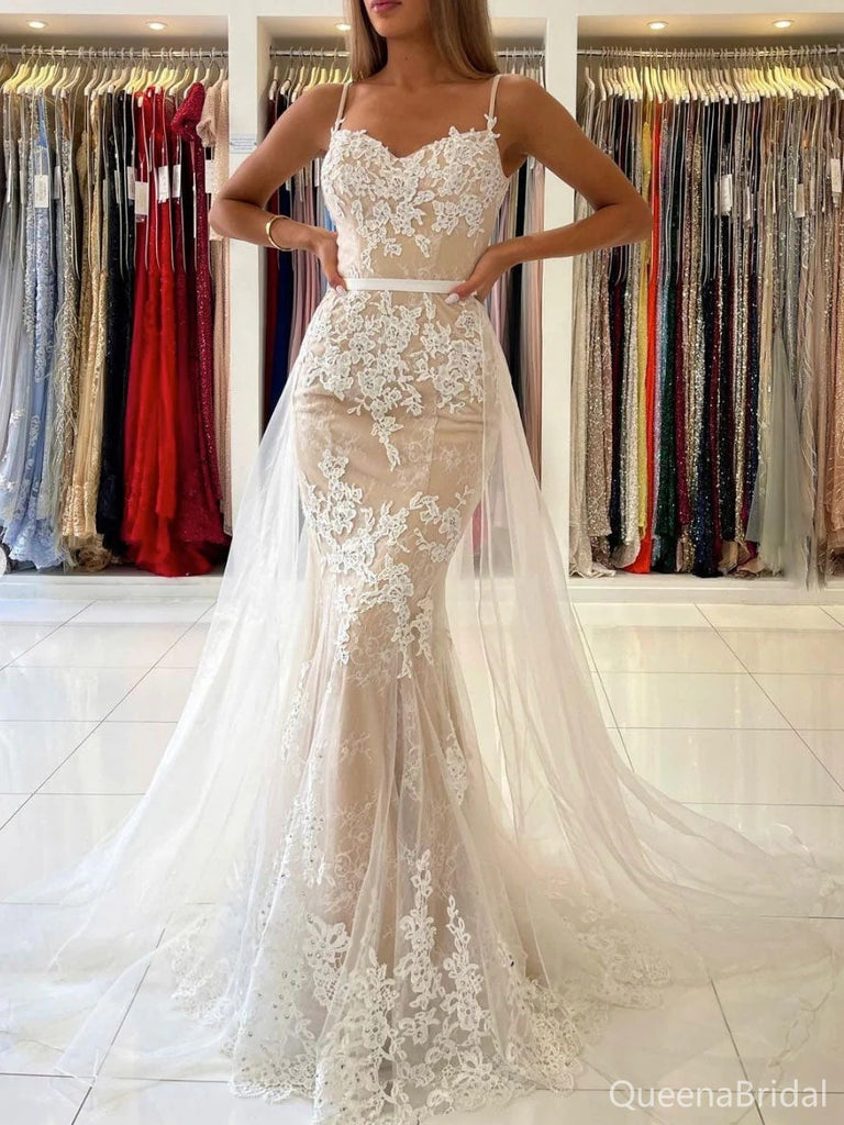 White Mermaid Sweetheart Spaghetti Strap Long Wedding Dresses, WDS0061