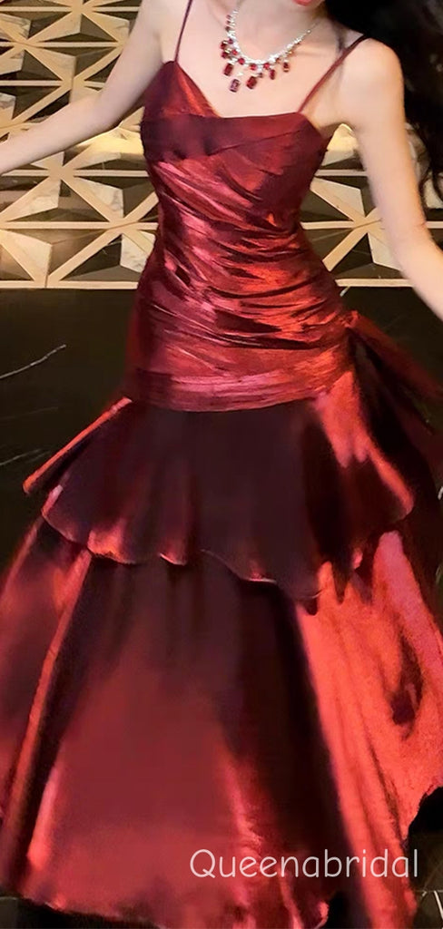 Elegant Burgundy Spaghetti Straps Ruffles Long Prom Dress to Impress, WGP2269