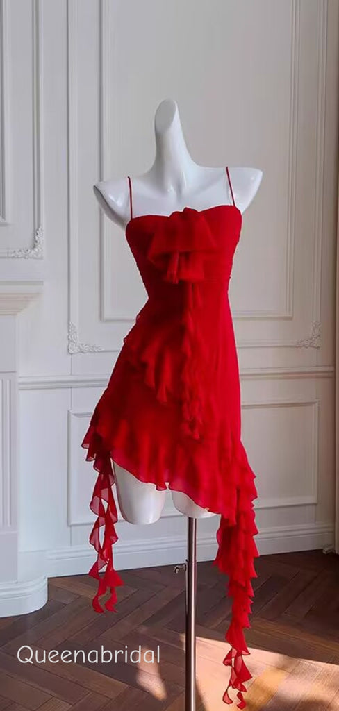 Sexy Spaghetti Straps Ruffles Asymmetrical Streamers A-line Red Chiffon Mini Homecoming Dress, WGP2268