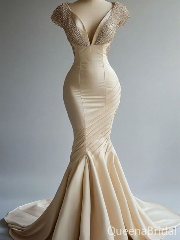 Ivory Mermaid V-neck Cap Sleeve Long Wedding Dresses, WDS0062