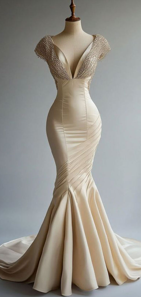 Ivory Mermaid V-neck Cap Sleeve Long Wedding Dresses, WDS0062