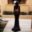 Mermaid High Neck Open Back Sweep Train Black Sequined Prom Dresses, QB0242