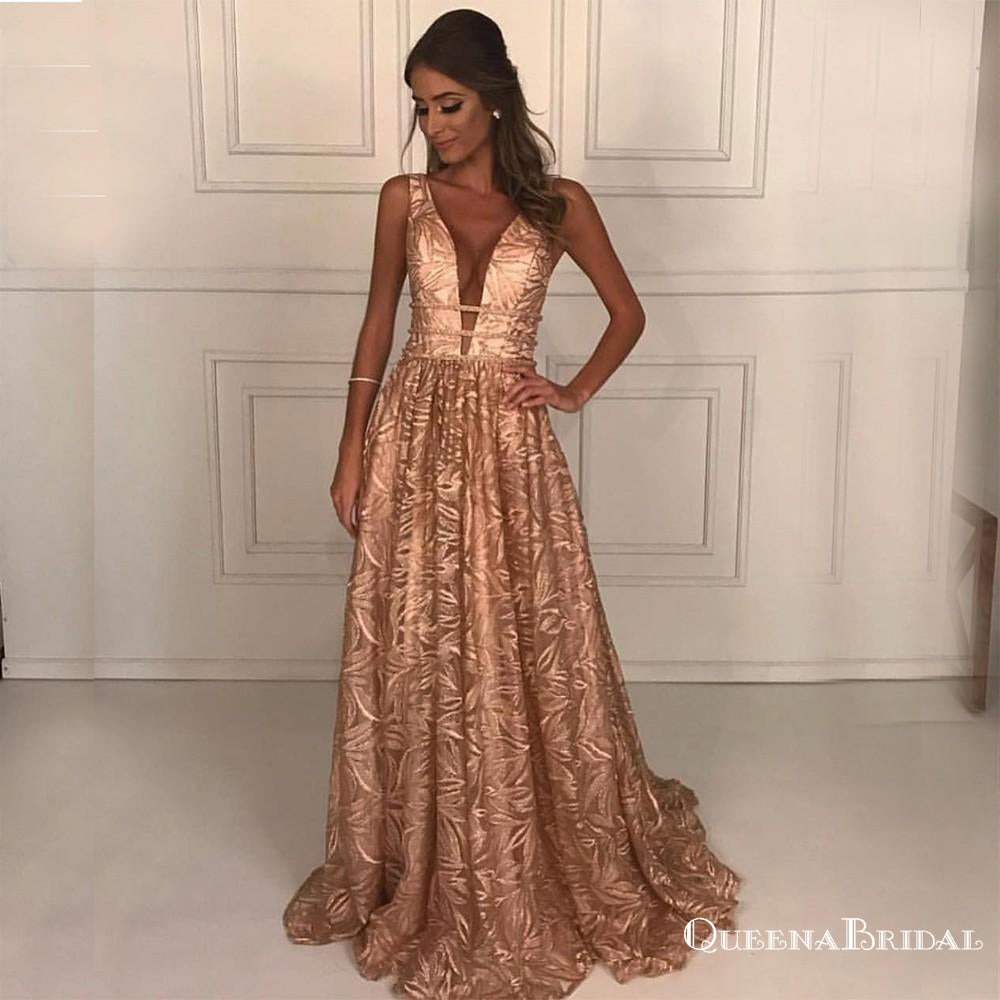A-Line Deep V-Neck Long Cheap Champagne Lace Prom Dresses with Beading, QB0681