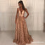 A-Line Deep V-Neck Long Cheap Champagne Lace Prom Dresses with Beading, QB0681