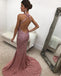 Long Champagne Satin Halter Prom Dresses Mermaid Crystal Beaded, QB0541