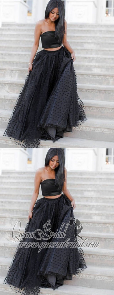 Two Pieces Strapless Long Cheap Tulle Formal Prom Dresses, QB0471