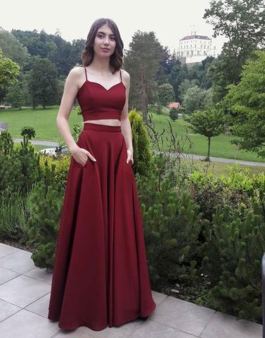 Two Pieces Burgundy Spaghetti Strap Long Cheap Prom Dresses, QB0462