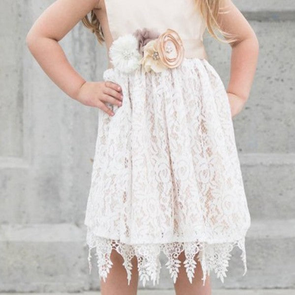 Cute A-Line Square Neck Open Back Lace Flower Girl Dresses with Handmade Flower, QB0101