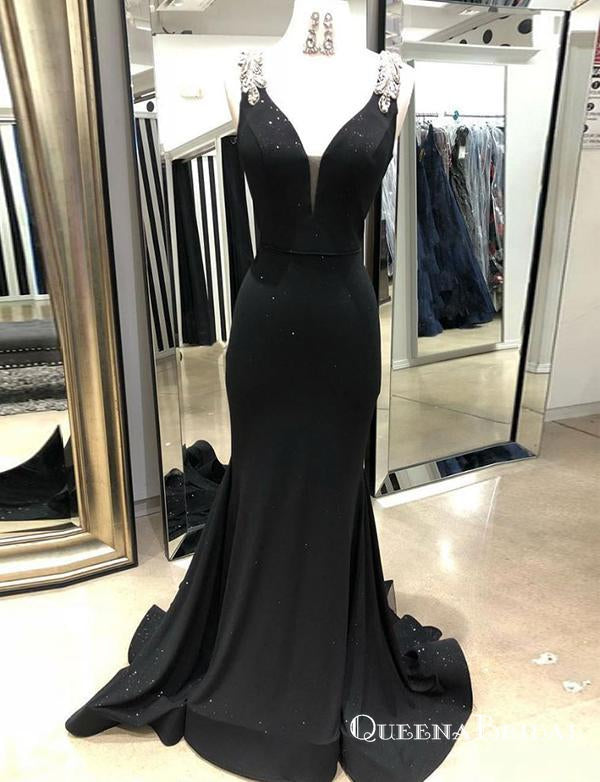 Mermaid V Neck Black Long Mermaid Prom Dresses With Beaded, QB0634