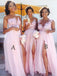 Sexy Side Slit Cap Sleeve Pink Custom Long Bridesmaid Dresses, WG233