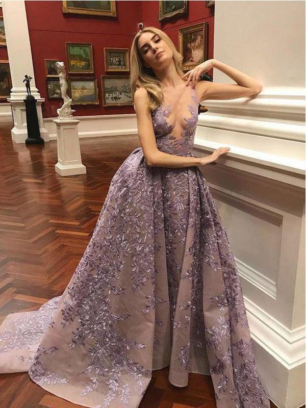Charming Dusty Purple Lace A line Scoop Cheap Long Evening Prom Dresses, QB0371