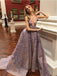 Charming Dusty Purple Lace A line Scoop Cheap Long Evening Prom Dresses, QB0371
