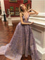 Charming Dusty Purple Lace A line Scoop Cheap Long Evening Prom Dresses, QB0371