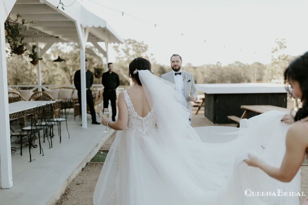 New Arrival V-neck Lace Appliqued Tulle A-line Long Cheap Wedding Dresses, WDS0012