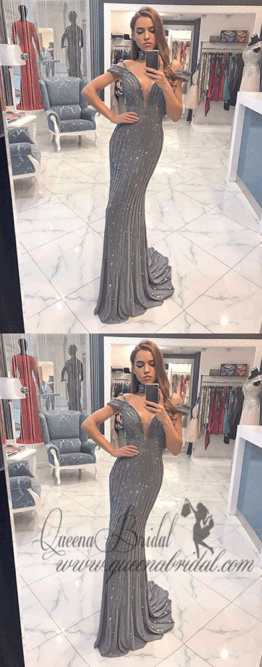 2019 Sparkly Grey Beaded Long Cheap Prom Dresses, QB0476
