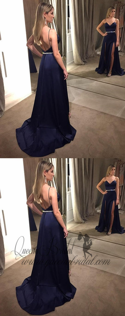 Elegant Navy Blue Spaghetti Strap  Side Slit Long Cheap Prom Dresses, QB0475