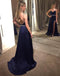 Elegant Navy Blue Spaghetti Strap  Side Slit Long Cheap Prom Dresses, QB0475