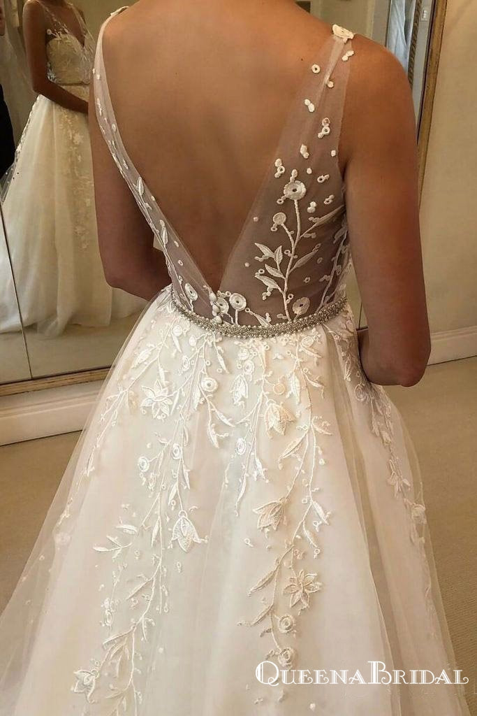 Elegant V-neck Lace A-line Long Cheap Wedding Dresses, WDS0034