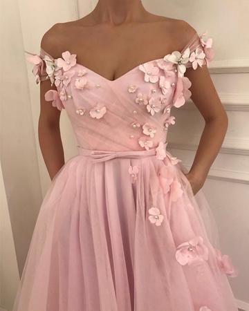Gorgeous Flowers Beaded V-neck Off Shoulder Long Prom Dresses, QB0545