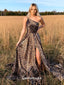 Sexy One Shoulder Leopard Print A-line Slits Evening Gowns Prom Dresses , QBP021