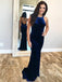 Sexy Blue Velvet Mermaid Long Cross Back Evening Prom Dresses, QB0468