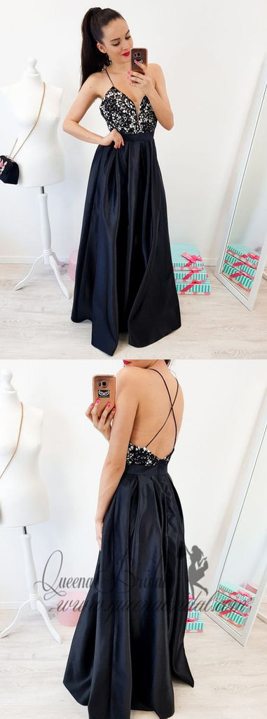 Sexy Navy Blue Top Beaded long cheap Satin Prom Dresses, QB0469