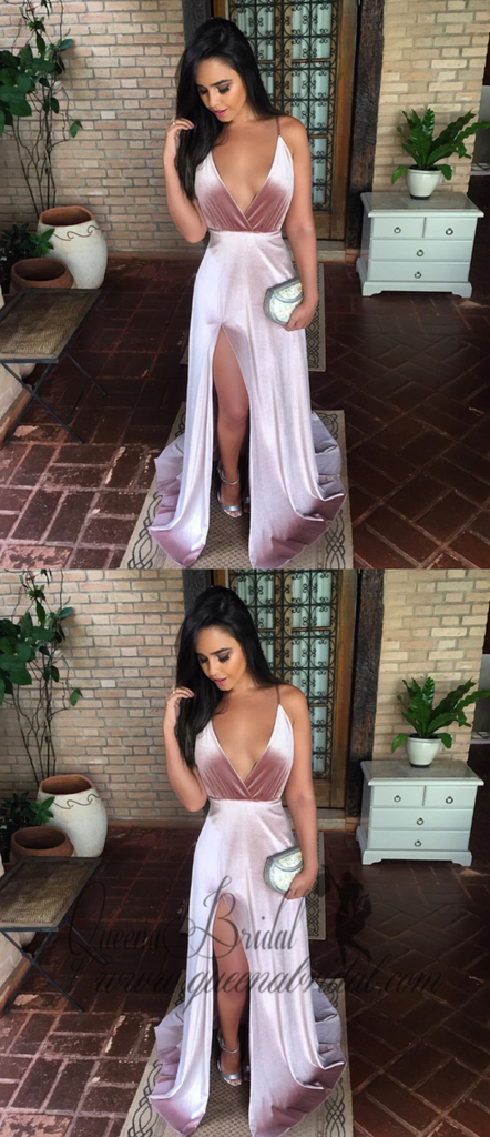 Sexy Deep V-neck Spaghetti Strap Long Cheap Simple Prom Dresses with Slit, QB0472