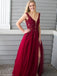 V Neck Burgundy Side Slit Cheap Long Evening Prom Dresses with Beaded, QB0429