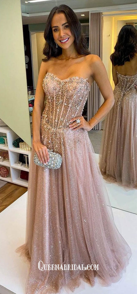 Blush Sweetheart Strapless Rhinestone Beads A-line Tulle Evening Gowns Prom Dresses, WGP229