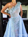 Elegant Unique One Shoulder Floral Lace See Through Riffles Mermaid Long Prom Dresses With Detachable Train, PDS0056
