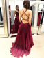 Sexy Backless V Neck Maroon Long Evening Prom Dresses, QB0414