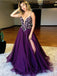 Purple Spaghetti Straps Side Slit Heavily Beaded Long Evening Prom Dresses, QB0380