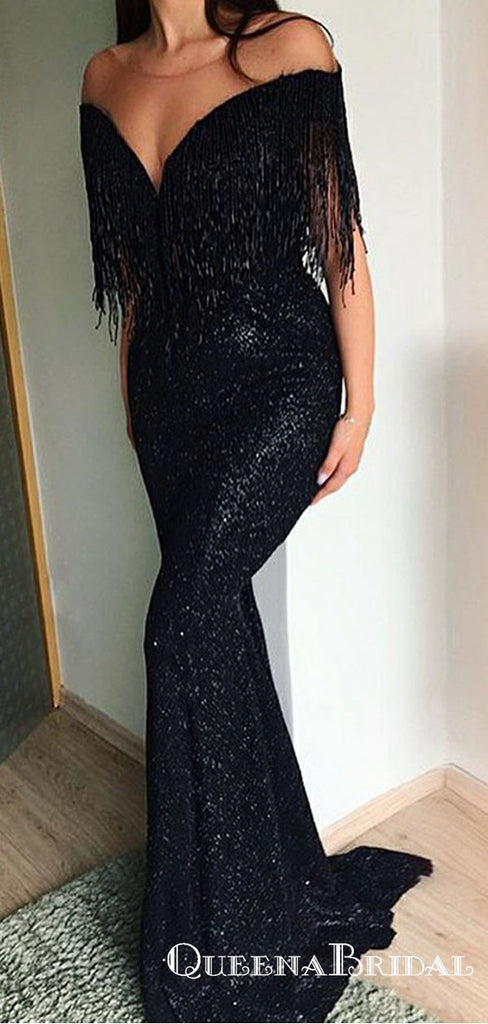 Mermaid Off-the-Shoulder Black Sequined Prom Dresses with Tassel, QB0532