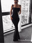 Sexy Mermaid Square Neck Backless Black Elastic Satin Long Prom Dresses, QB0567