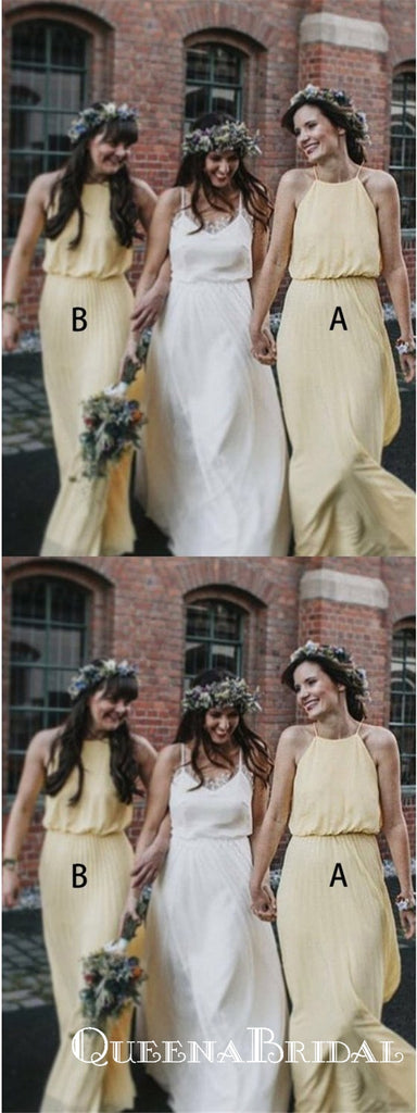 A-Line Halter Floor Length Pleated Yellow Chiffon Bridesmaid Dresses, QB0721