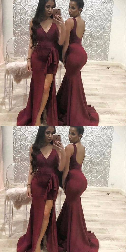 Mermaid V-Neck Split Front Backless Burgundy Bridesmaid Dresses with Ruffles, QB0025