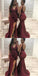 Mermaid V-Neck Split Front Backless Burgundy Bridesmaid Dresses with Ruffles, QB0025