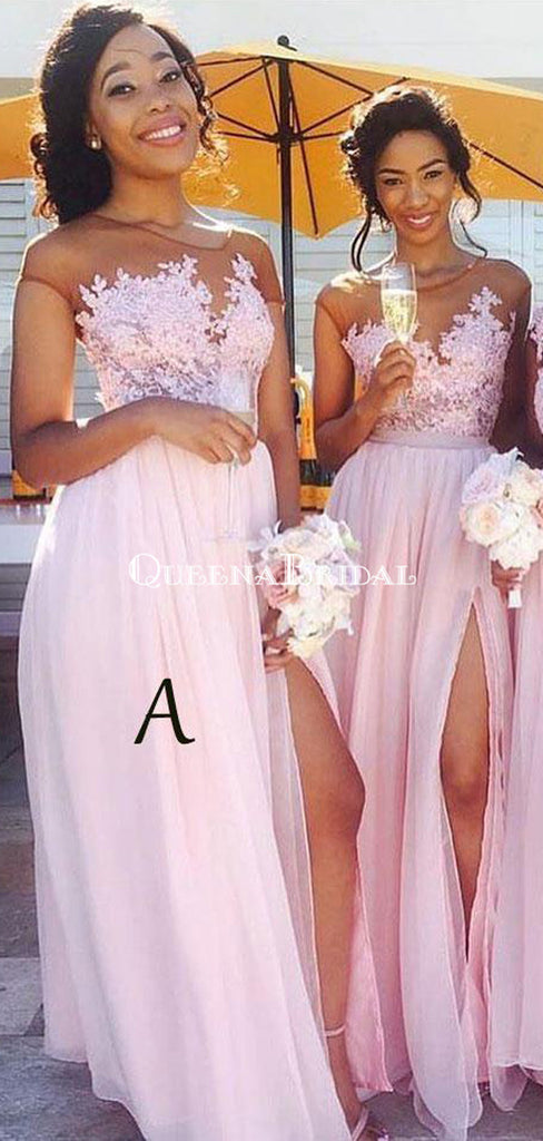 Sexy Side Slit Cap Sleeve Pink Custom Long Bridesmaid Dresses, WG233
