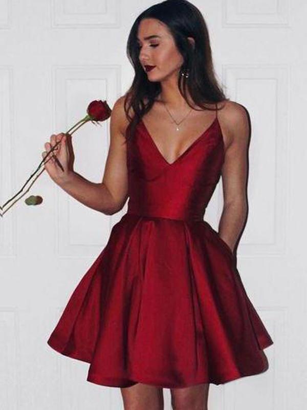 Simple Spaghetti Straps Short Dark Red Satin Homecoming Dresses with Pockets, QB0041