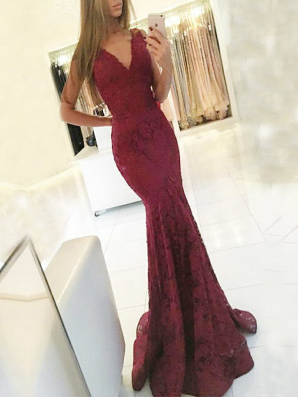 Mermaid V-Neck Floor-Length Sleeveless Burgundy Lace Prom Dresses, QB0248