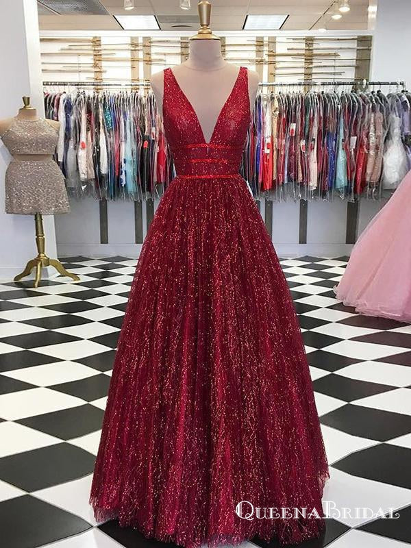 Sparkly Burgundy Sequins Cheap Long V Neck A Line Prom Dresses, QB0593