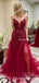 New Arrival A Line Sexy Spaghetti Straps Red Tulle Side Slit Long Cheap Charming Prom Dresses With Appliques, PDS0052