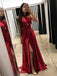 Simple Burgundy Halter Side Slit Long Cheap Evening Prom Dresses, QB0393