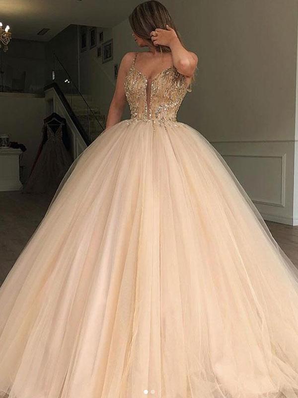 Spaghetti Straps Beaded Ball Gown Tulle Cheap Long Evening Prom Dresses, QB0366
