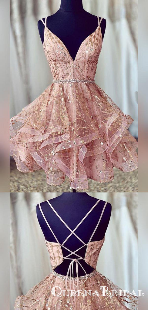 Luxurious A Line V Neck Short Cheap Homecoming Dresses With Beading, QB0892