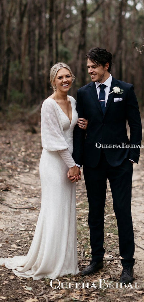 New Arrival V-neck Long Sleeves Bakless Mermaid Long Cheap Wedding Dresses, WDS0015