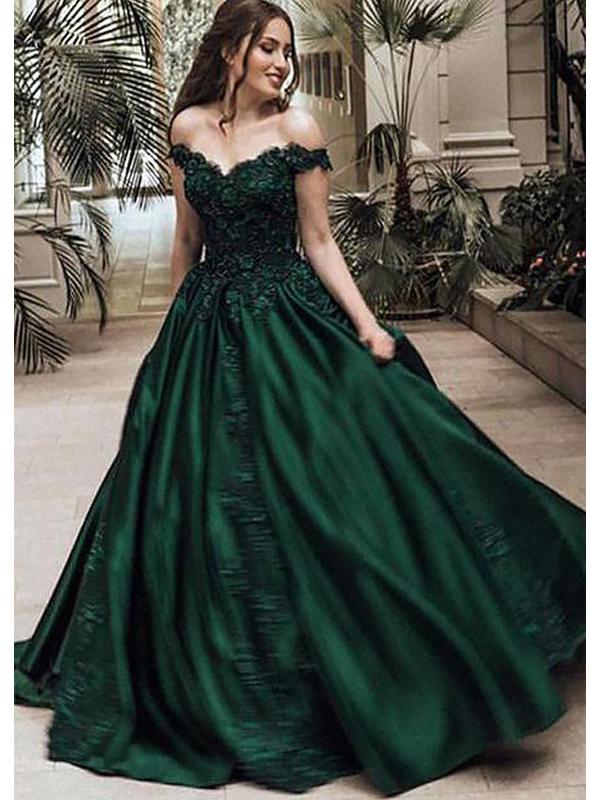 Charming Custom Off Shoulder Dark Green A-line Long Evening Prom Dresses, QB0374