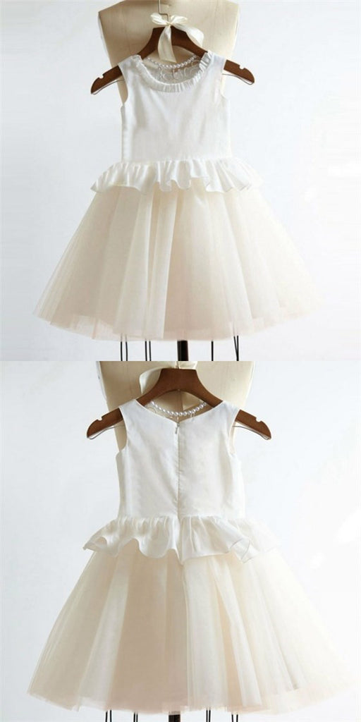 Cute Round Neck Tulle Long Cheap Flower Girl Dresses with Ruffles, QB0105