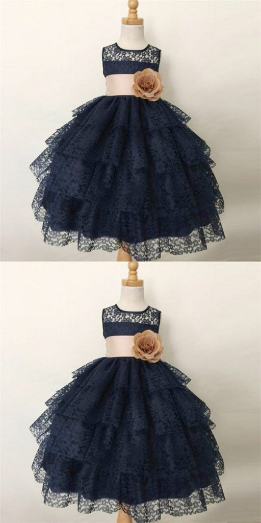 Cute Ball Gown Jewel Navy Blue Lace Flower Girl Dresses with Handmade Flowers, QB0222